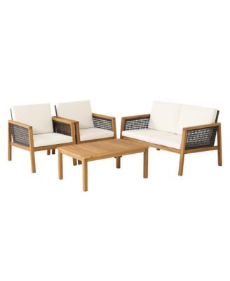 4PCS Patio Rattan Furniture Set Acacia Wood Cushioned Sofa