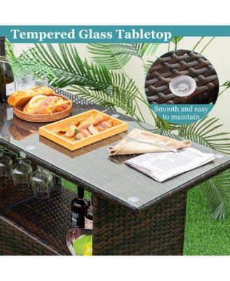 Patio 3PCS Wicker Bar Set Height Table Two Stools with 3 Rows Stemware Racks Garden