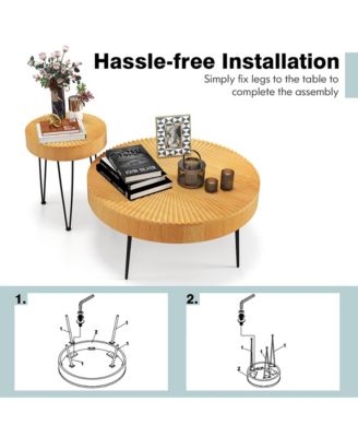 Farmhouse Round Coffee Table Set of 2 End Table Natural Finish for Living Room