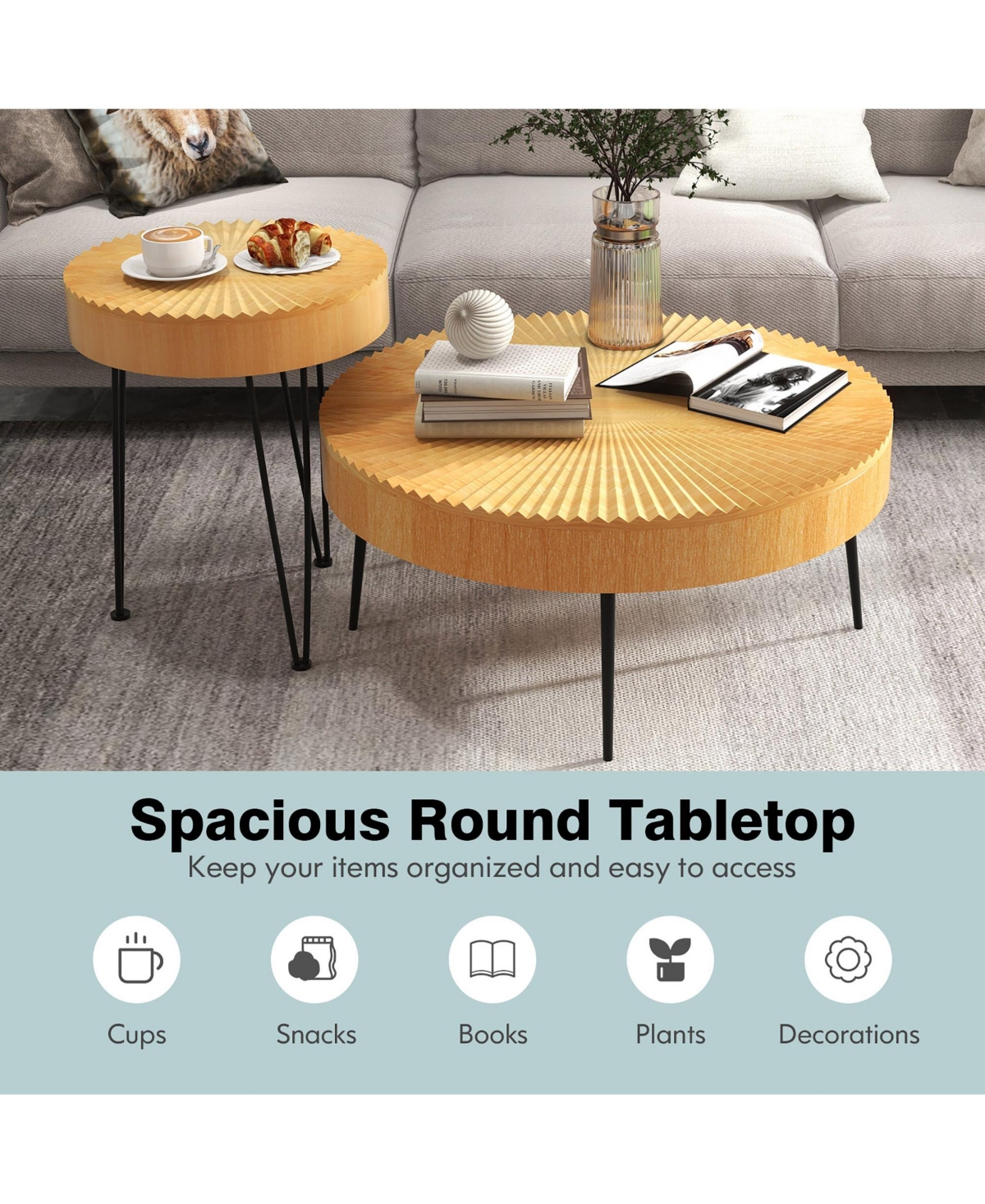 Costway Farmhouse Round Coffee Table Set of 2 End TableFinish for Living Room - Natural