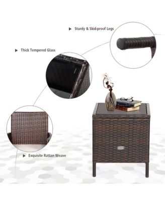 3PCS Patio Rattan Furniture Set Cushioned Sofa Glass Tabletop Deck