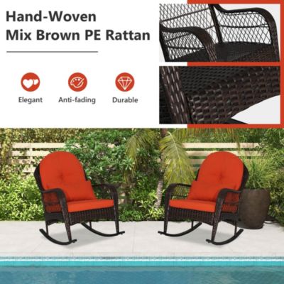 Patio Wicker Rocking Chair with Seat Back Cushions & Lumbar Pillow Porch