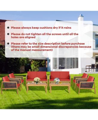 4PCS Patio Rattan Furniture Set Acacia Wood Cushioned Sofa