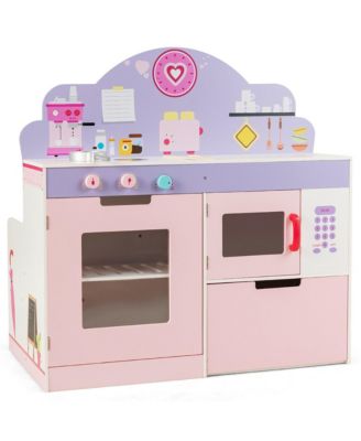 2 in 1 Kids Play Kitchen & Cafe Restaurant Wooden Pretend Cooking Playset Toy