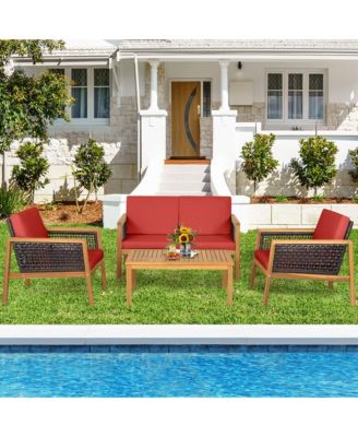 8PCS Patio Acacia Wood Furniture Set PE Rattan Conversation Set w/ Red Cushions