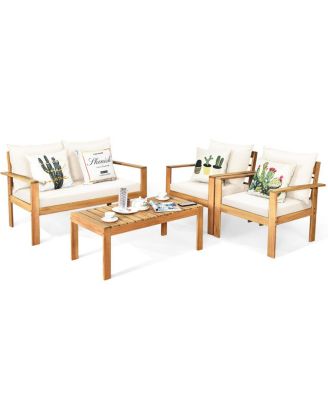 4PCS Patio Acacia Wood Conversation Furniture Set w/ Off White Cushions