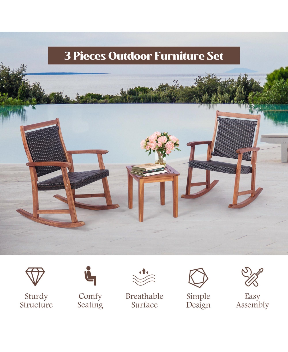 Gymax 3PCS Patio Rocking Chair & Table Set Outdoor Conversation Bistro Set