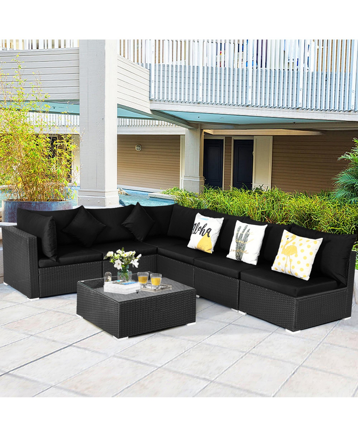 Gymax 7PCS Rattan Patio Conversation Set Sectional Furniture Set w/Cushion - Black