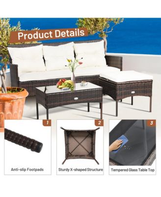 3PCS Patio Rattan Sectional Conversation Furniture Set w/ Off White Cushions