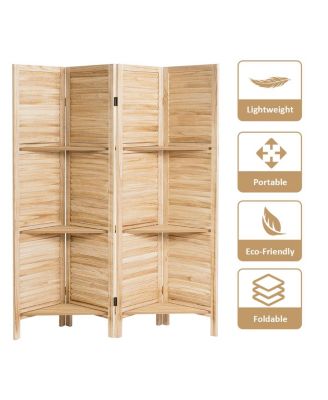 4 Panel Folding Room Divider Screen W/3 Display Shelves 5.6 Ft Tall