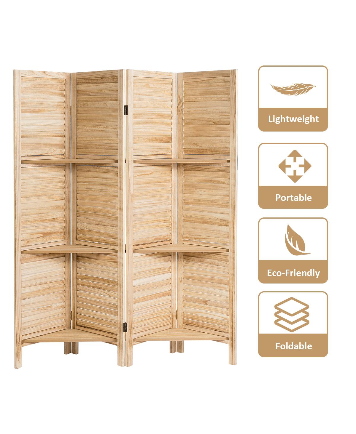 4 Panel Folding Room Divider Screen W/3 Display Shelves 5.6 Ft Tall