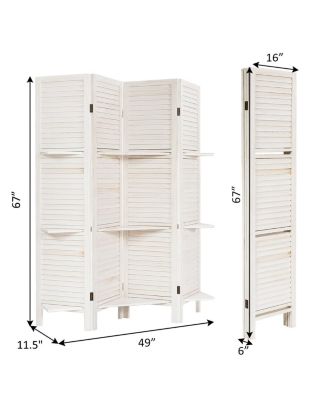 4 Panel Folding Room Divider Screen W/3 Display Shelves 5.6 Ft Tall