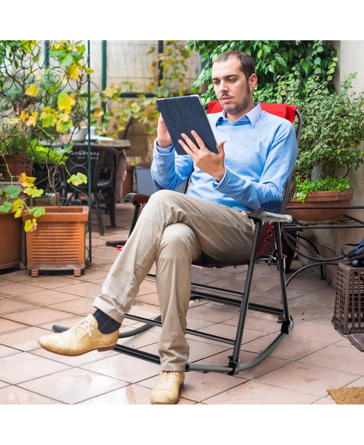 Folding Zero Gravity Rocking Chair Rocker Porch Outdoor Patio Headrest