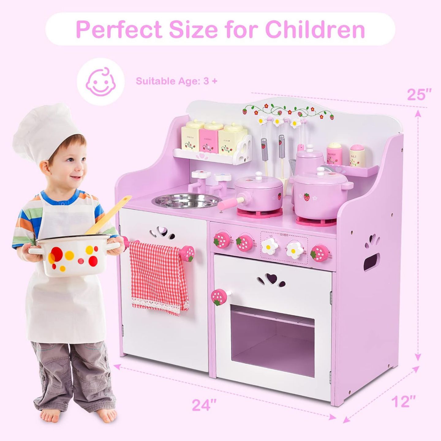 Детская игрушка Costway Strawberry Wooden 1-Piece Play Kitchen, Ages 3+, цвет: Розовый — фото 8
