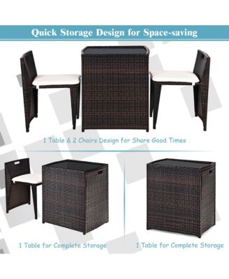 3PCS Outdoor Patio Rattan Furniture Set Space Saving Garden Deck W/Cushion No Assembly