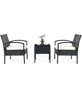 3PCS Patio Rattan Furniture Set Table & Chairs Set with Cushions