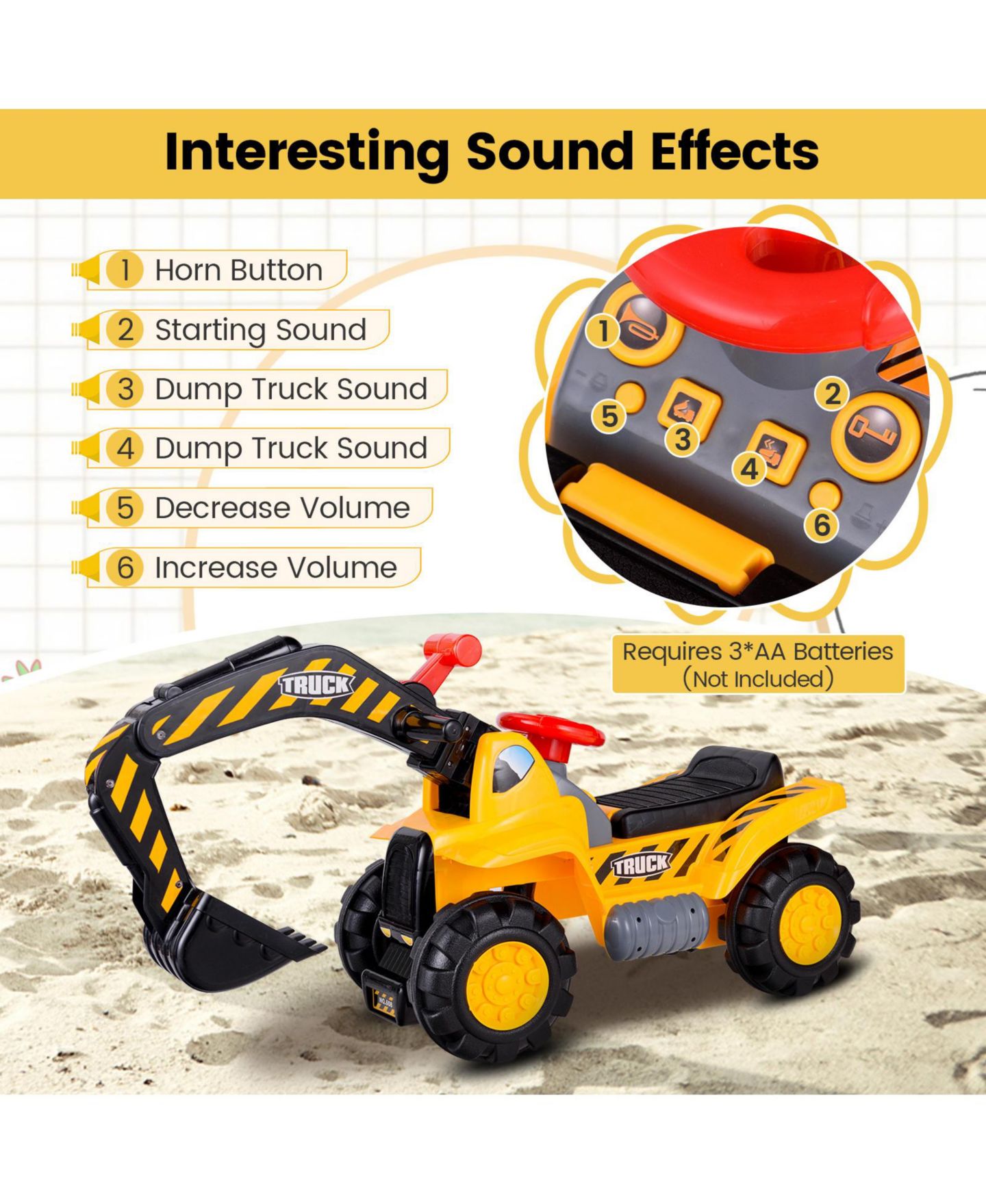 Детская игрушка Costway Kids' Ride-On Excavator Digger with Under-Seat Storage, 35"L x 17.5"W x 12"H, Ages 3+, цвет: Жёлтый — фото 5