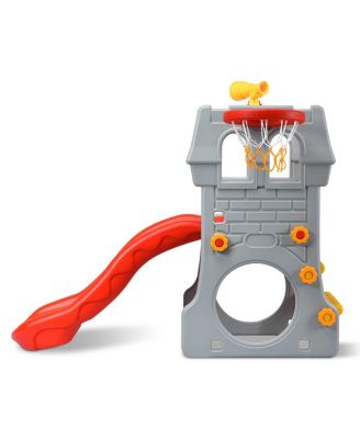 Children Castle Slide Play Slide with Basketball Hoop and Telescope Toy