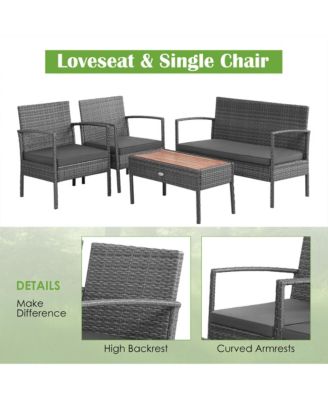 4PCS Patio Rattan Furniture Set Cushioned Chair Wooden Tabletop