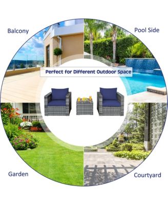 3 PC Patio Rattan Furniture Bistro Set Cushioned Sofa Chair Table