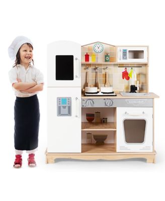 Wooden Kids Pretend Kitchen Playset Cooking Play Toy w/ Utensils & Sound