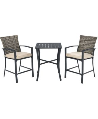 Patio Rattan Bar Furniture Set Slat Table 2 Cushioned Stools Poolside