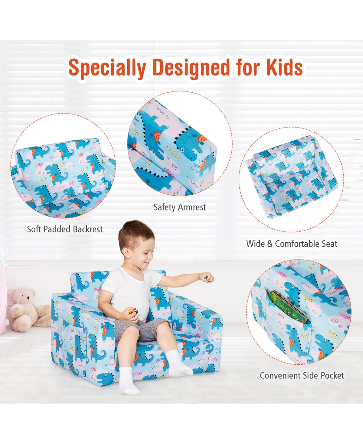 Costway 2-in-1 Convertible Kids Sofa to Lounger Flip-Out Chair