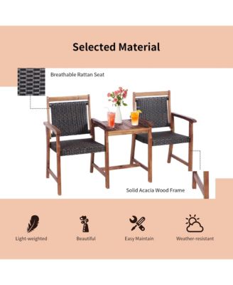 2-Seat Patio Rattan Bench Acacia Wood Frame Table W/Umbrella Hole Deck