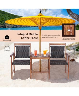 2-Seat Patio Rattan Bench Acacia Wood Frame Table W/Umbrella Hole Deck