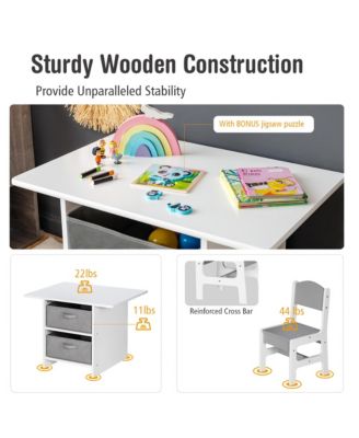 Kids Art Play Wood Table and 2 Chairs Set w/ Storage Baskets Puzzle
