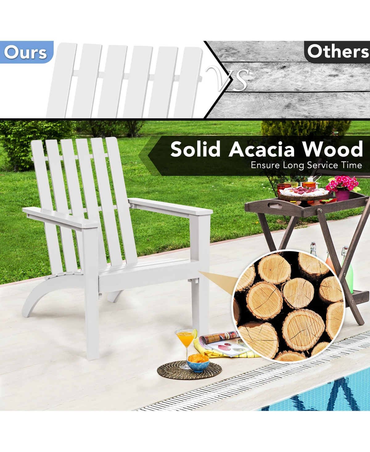 Costway Patio Adirondack Chair Acacia Wood Lounge Armrest Garden Deck