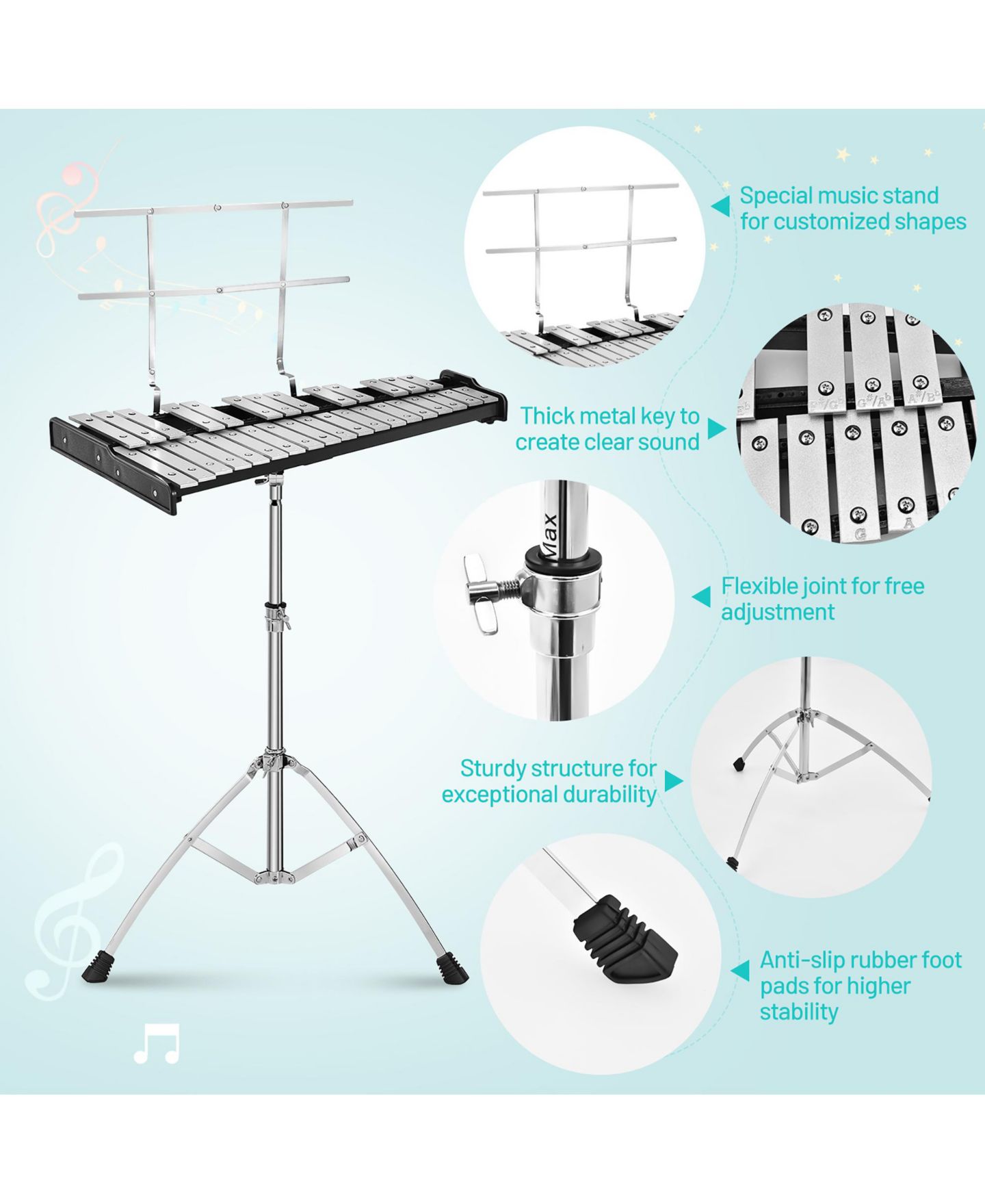 Детские игрушки Costway 32-Note Glockenspiel Height-Adjustable 7-Piece Percussion Bell Kit, Ages 5+, цвет: Чёрный — фото 3
