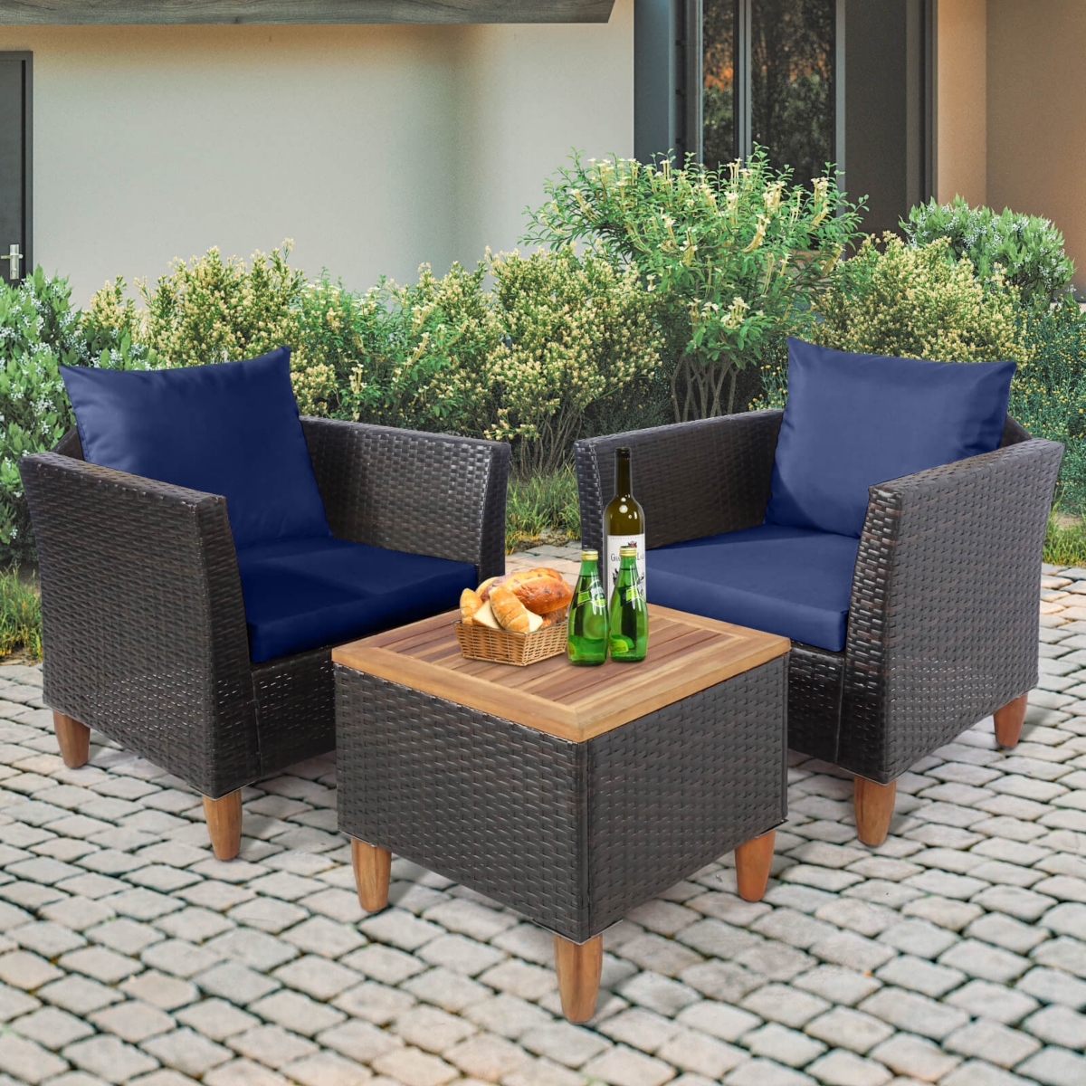 3 Pcs Outdoor Patio Rattan Bistro Furniture Set Wooden Table Top Cushioned Sofa