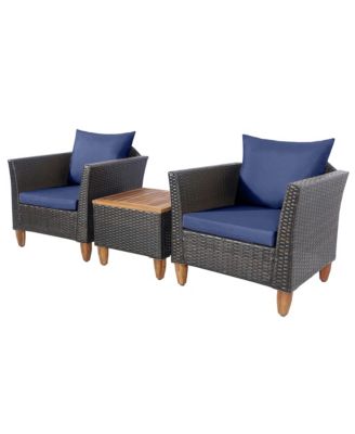 3PCS Patio Rattan Bistro Furniture Set Wood Table Top Cushion Sofa