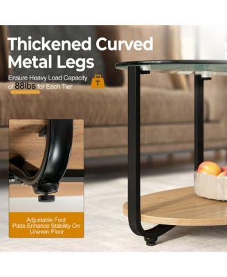 Glass-Top Coffee Table 2-Tier Modern Oval Side Sofa Table w/ Storage Shelf