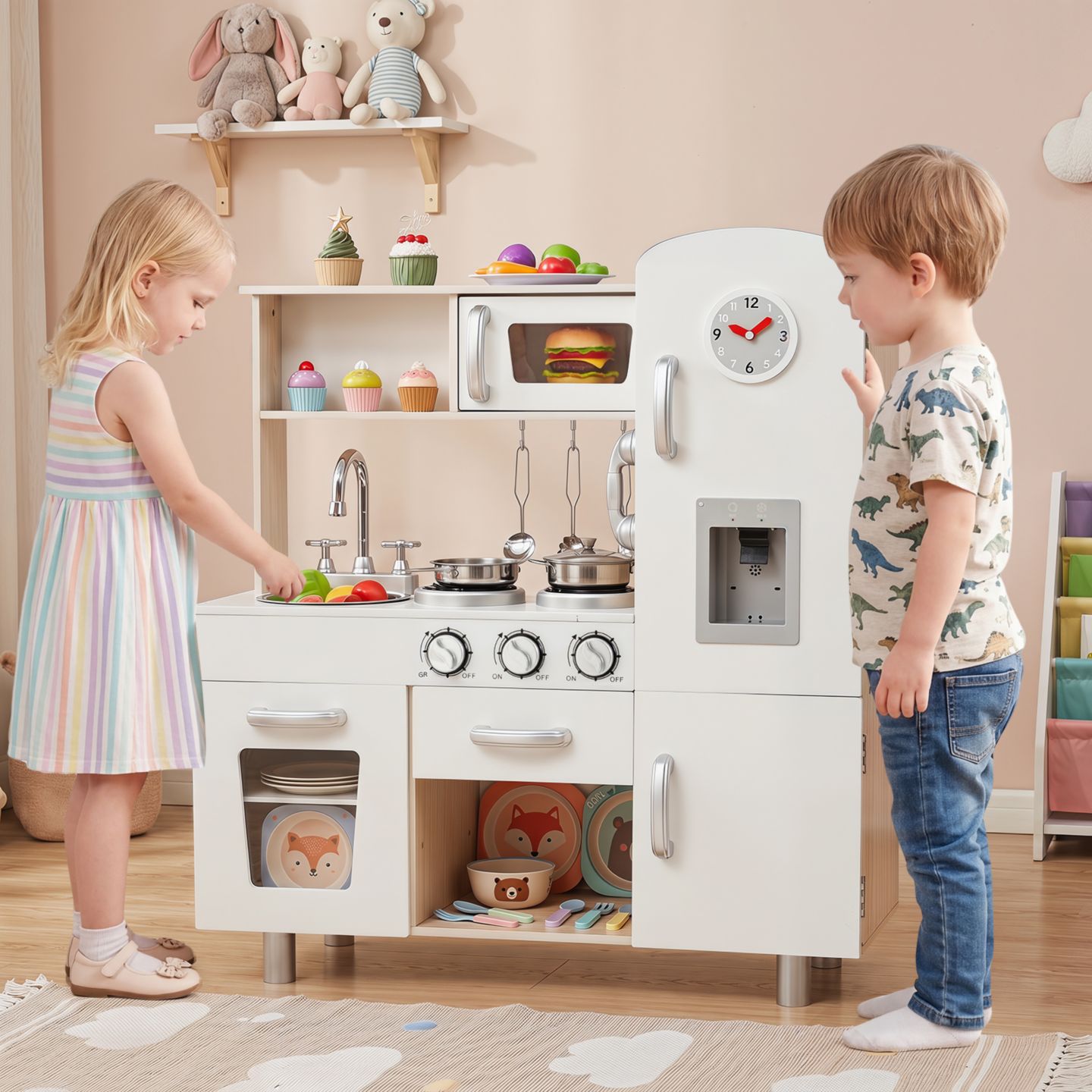 Детские игрушки Costway Water Dispenser 5-Piece Wooden Play Kitchen, от 3 лет, цвет: Белый — фото 5