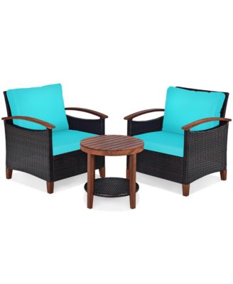 3PCS Patio Rattan Furniture Set Wooden Frame Cushion Table Shelf