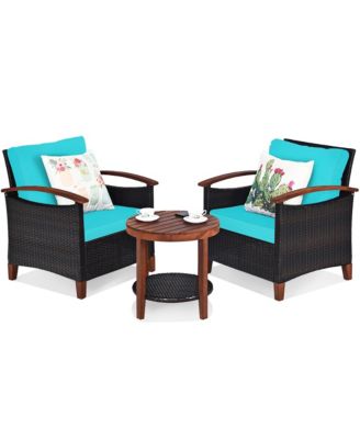 3PCS Patio Rattan Furniture Set Wooden Frame Cushion Table Shelf