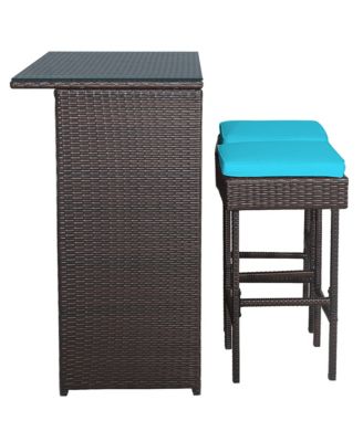 3PCS Patio Rattan Wicker Bar Table Stools Dining Set Cushioned Chairs