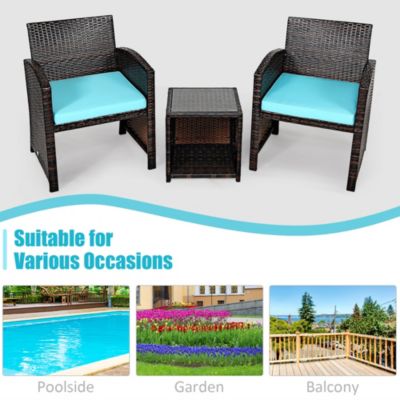 3PCS Patio Rattan Wicker Furniture Cushion Sofa Coffee Table