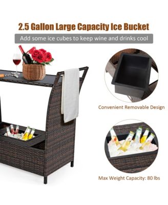 Patio Rattan Bar Serving Cart Wheels Ice Bucket Glass Top Handle Garden