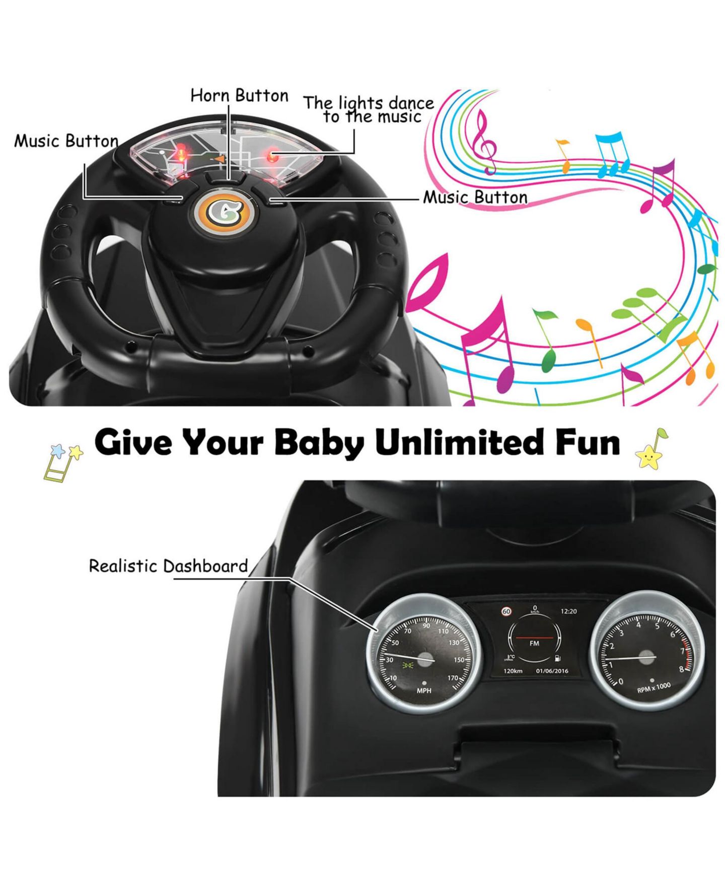 Детская игрушка Costway 3 in 1 Ride-On Push Car with Music, Ages 1+, цвет: Чёрный — фото 11