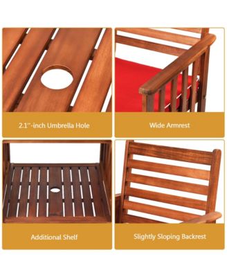 Acacia Wood Loveseat Patio Outdoor Conversation Set w/ Table Red Cushion