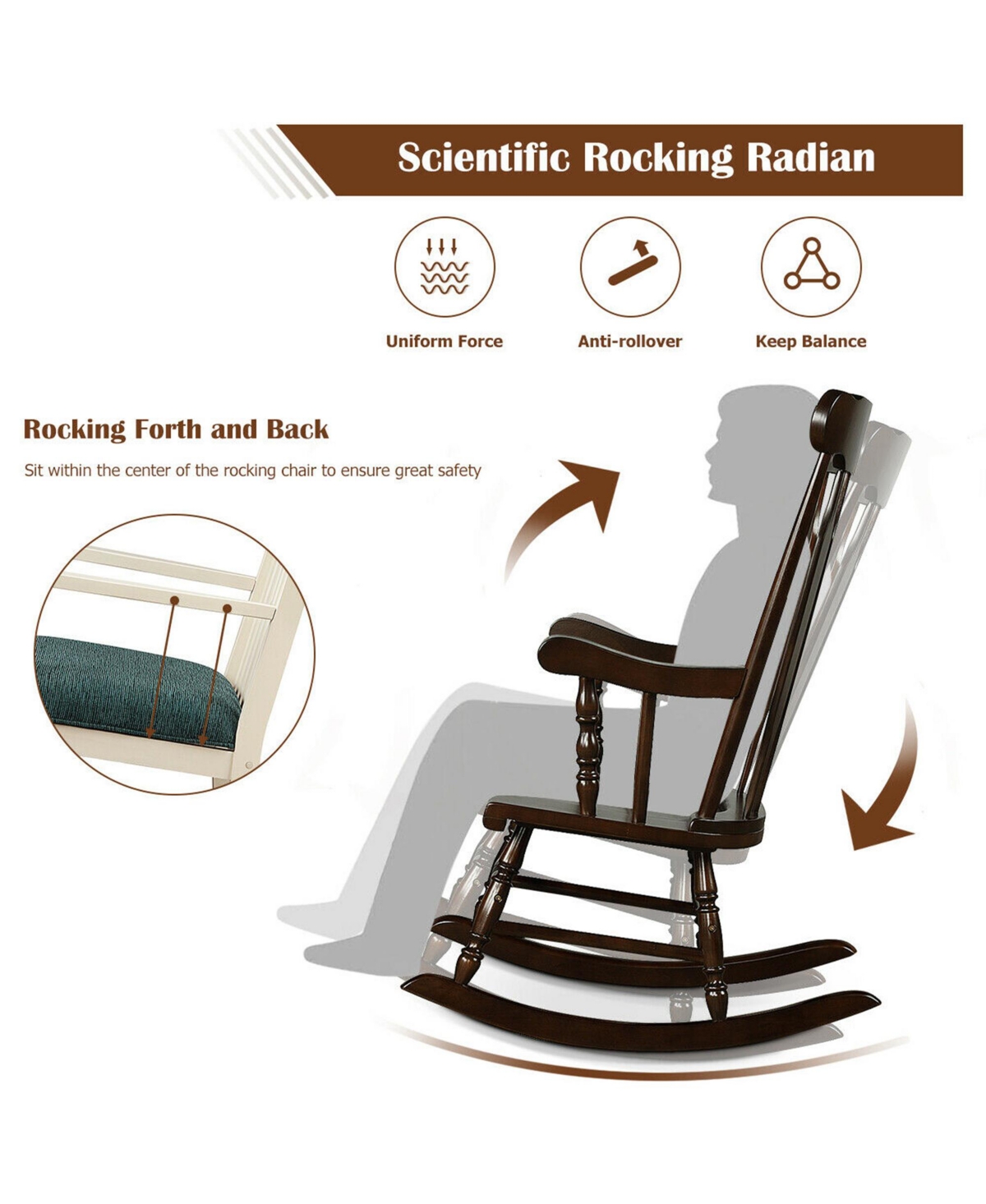 Gymax Wooden Rocking Chair Single Rocker Indoor Garden Patio Yard Coffee