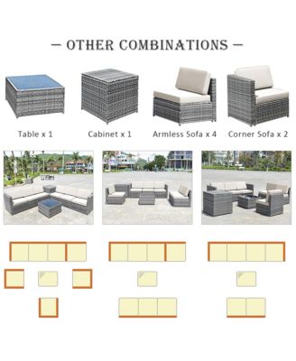 8PCS Patio Rattan Sofa Sectional Conversation Furniture Set w/ White Cushion