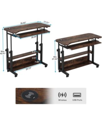 Portable Desk with Power Outlets, Height Adjustable Side Table Sofa Couch Bedside Laptop Computer Cart with USB Charging Ports, Mobile Small Standing Desk with Keyboard Tray