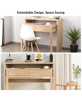 Extendable Computer Desk with Pull Out Secondary Desk-Natural