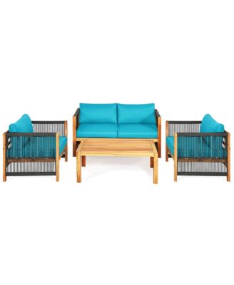 4PCS Acacia Wood Outdoor Patio Furniture Conversation Set W/ Turquoise Cushions