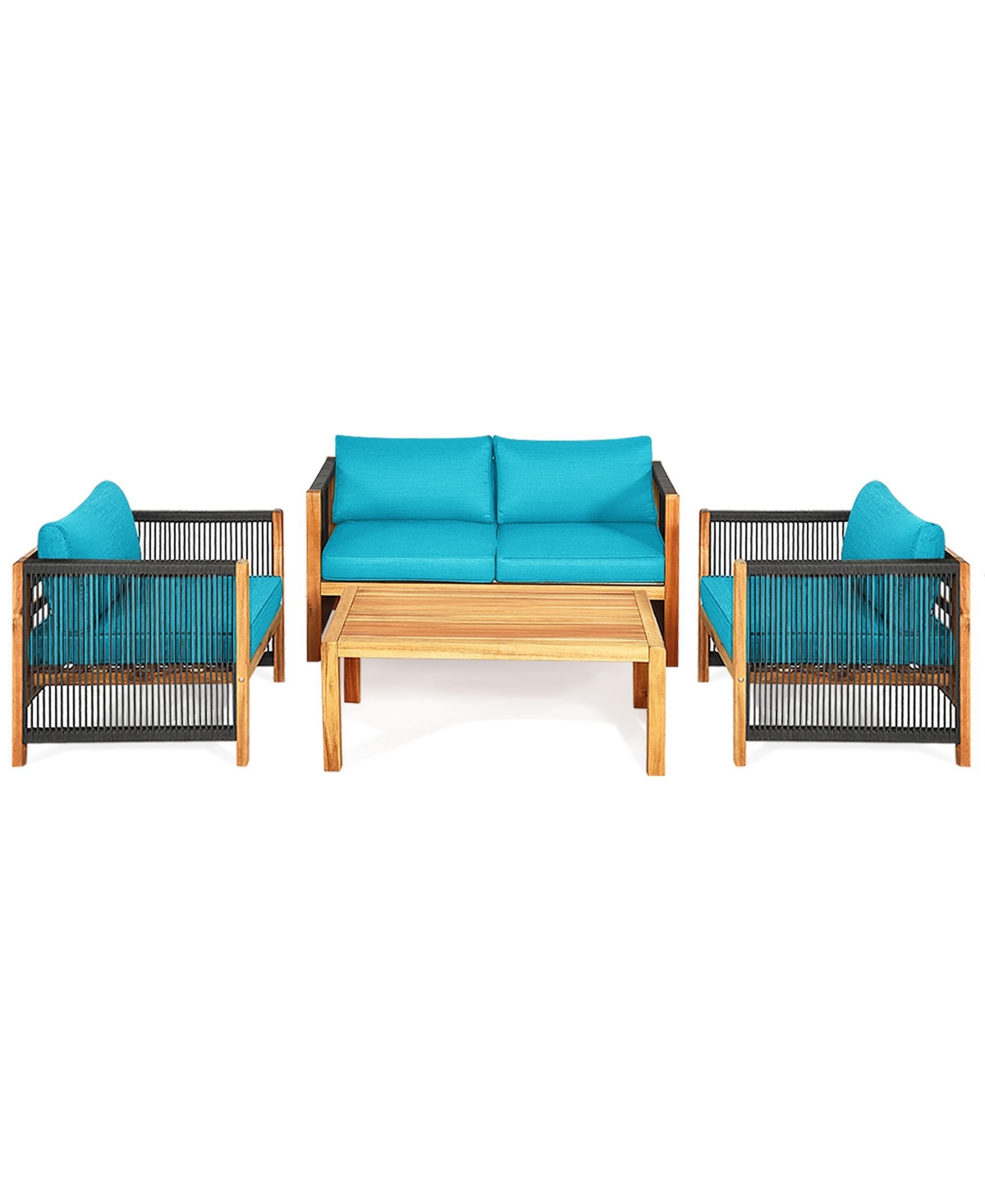 Gymax 4PCS Acacia Wood Outdoor Patio Furniture Conversation Set W/ Turquoise Cushions
