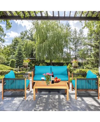 4PCS Acacia Wood Outdoor Patio Furniture Conversation Set W/ Turquoise Cushions